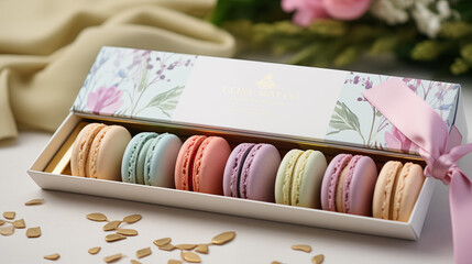 Jolis macarons colorés et décorés. Pâtisserie, délicieux, sucré. Nourriture. Luxe. Spécialité française, Paris. Pour conception et création graphique.