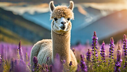 Portrait of cute alpaca in field with purple flowers. Farm animal. Blurred backdrop.