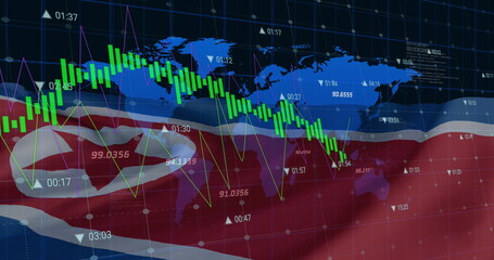 Image of blue lines financial data processing, world map over flag of north korea