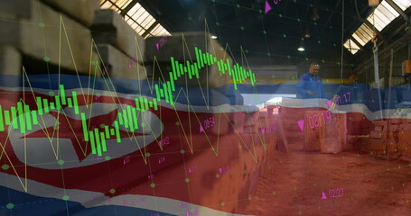 Image of diagrams, stock market and flag of north korea over warehouse