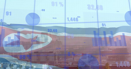 Fototapeta premium Image of diagrams, data processing and flag of north korea over city