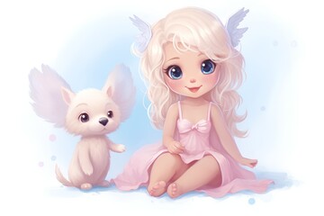Obraz na płótnie Canvas Cute little fairy with a dog on a blue background. Vector illustration.