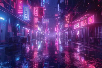 Obraz premium This image depicts a hyperrealistic 3D rendering of a cyberpunk metropolis, featuring a desolate street adorned with vibrant neon lights and a gritty urban backdrop.