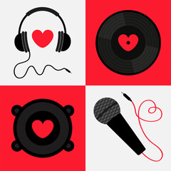 Headphones, microphone, sound speaker, loudspeaker. Black vinyl record disk. Heart sign symbol. LOVE. Valentines Day greeting card, music poster, banner set. Flat design. Red White background. Vector