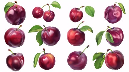 A grouping of crimson plums on a blank backdrop.