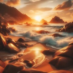 AI generated illustration of a scenic sunset with the sun setting over a rocky beach - obrazy, fototapety, plakaty