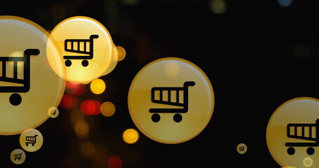 Image of shopping cart icon in circles over blurred vehicles moving on street in city