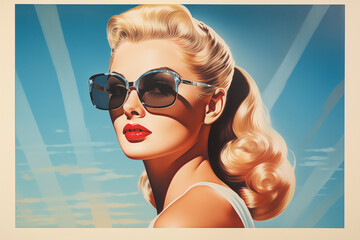 1950's movie poster of a beautiful 40 year old woman blonde with sunglasses and a ponytail, retro vintage art style - 785134889