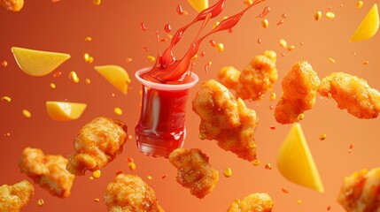 An orange background with fried chicken nuggets and potato wedges flying over the tomato ketchup banner ad.