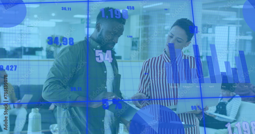 Aufkleber image of graphs and changing numbers over diverse coworkers standing and discussing reports