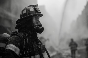 AI-generated illustration of a firefighter in uniform standing in the rain