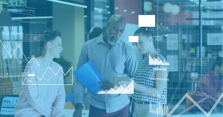 Image of multiple icons over diverse coworkers standing and discussing in office