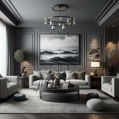AI-generated illustration of a modern living room in gray scheme