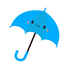 Blue umbrella icon. Cute cartoon kawaii funny baby character. Mascot with smiling face head. Childish style. Educational card for kids. Flat design. White background. Isolated. Vector illustration