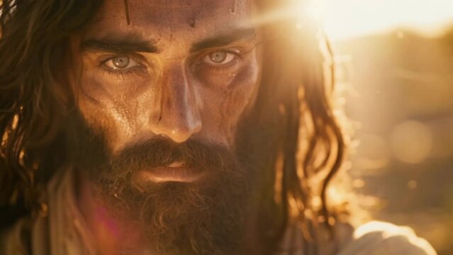 Portrait of Jesus Christ. Face of the son of god close up. Divine scripture concept. Bible times. Atoning sacrifice for human sins. Jewish preacher. Messiah closeup.