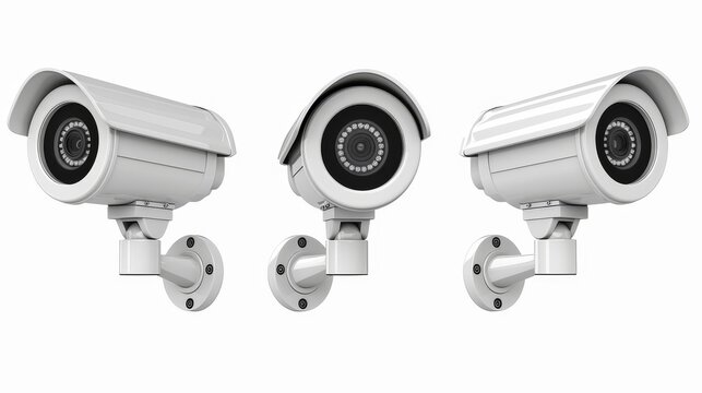 Three 3D CCTV cameras isolated on white background. Modern illustration of video cam for home, office, business, security protection, crime prevention, spy tool, business security protection.