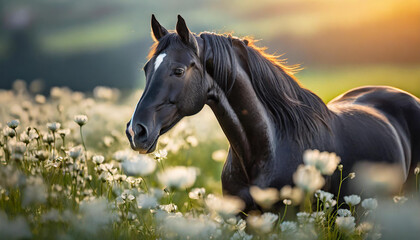 Portrait of black horse in field with white flowers. Farm or wild animal. Blurred natural backdrop