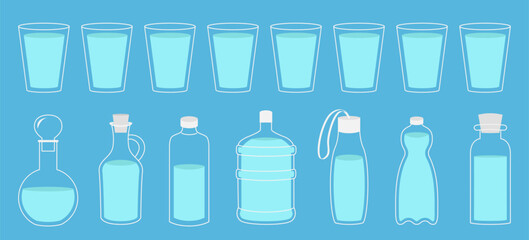 Bottle, glass cup of water icon set. Cork, plug, decanter, carafe. Drink water. Steal Aqua drop. Cute cartoon object. Different shape. Food icons collection. Flat design. Blue background. Vector