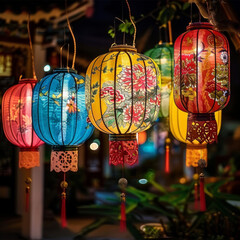 Chinese lanterns sway gently on threads, casting a warm and colorful glow, illuminating the night with their intricate designs and adding a touch of festivity to the atmosphere. - obrazy, fototapety, plakaty