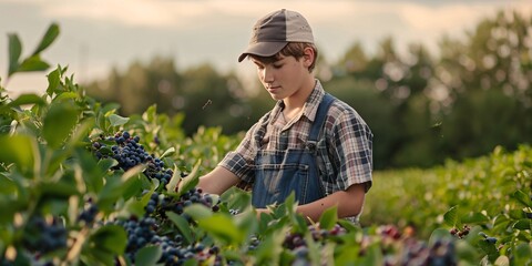 Adolescent harvesting blueberries on a household farm for seasonal employment.