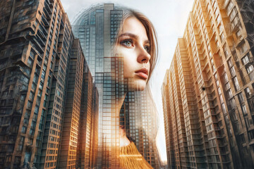 Portrait of a young girl against a background of high-rise buildings. Double exposure.