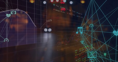 Image of data processing and network of connections with icons over cars on street