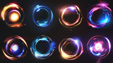 Modern set of optical halo flares with neon light modern effect set. Ring lens with glitter 3D digital design. Radiant speed motion design. Magic energy vortex with spark. - obrazy, fototapety, plakaty