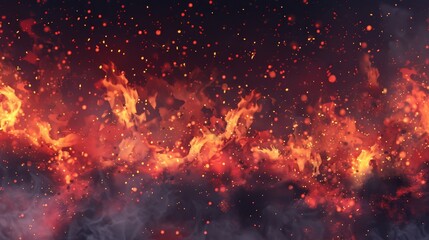 Fototapeta na wymiar Smoky swirling fire with flying spark particles in hell. Burnt particles modern panoramic nature texture with steam and coal in a firestorm.