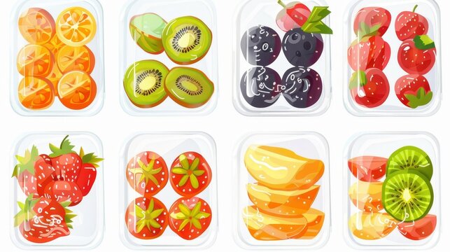 Isolated edible cooked vegetables and fruit glass pack for picnic cartoon clipart set. Prepared leftovers with salad, dessert and meatballs.