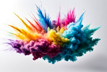 Illustration of multicolor powder explosion on white background, colored cloud painting Holi. Colorful dust explode, realistic splashing. Create backdrop concept. Gen ai illustrate. Copy ad text space