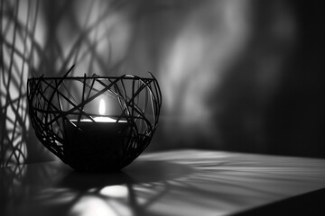 AI generated illustration of a decorative candle in a plate in grayscale
