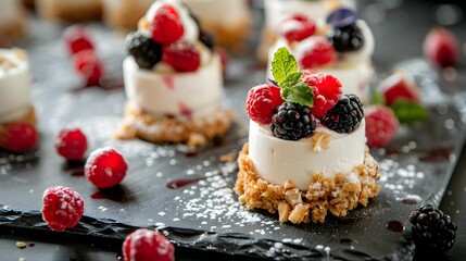 Pastries, mini canapé desserts, delicious desserts, unusual mini desserts for special occasions. Restaurant and homemade food. With berries and nuts
