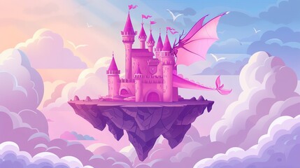 An illustration of a fantasy castle on a floating island and a flying dragon from a fairytale game. A medieval princess house in a sky kingdom with clouds and flying rocks. A mystic wings monster
