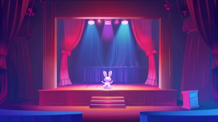 The puppet show stage modern background shows rabbit, fox, and bunny as childish animal characters performing. - obrazy, fototapety, plakaty