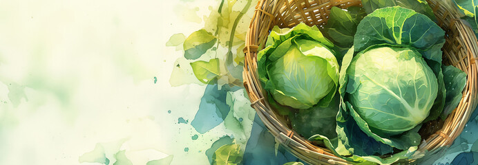 Watercolor cabbage heads illustration. Green cabbages in a woven basket. Organic gardening and farm to table concept. Rustic vegetable banner with copy space. - obrazy, fototapety, plakaty