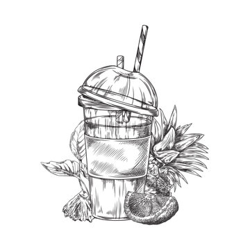 Smoothie with pineapple and orange slice engraved hand drawn vector, tropical citrus fruit immunity shake cocktail straw
