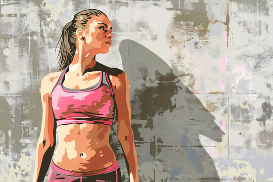 Fit female in pink workout clothes looking away on artistic background