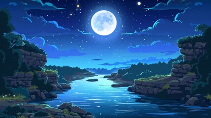 A beautiful night landscape with a river flowing in the valley. Modern cartoon illustration of a beautiful natural scene with a full moon and stars in the sky, trees and bushes on the banks, and
