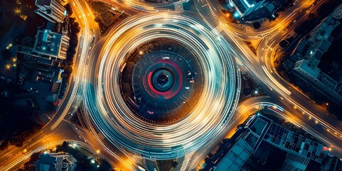 urban motion with this captivating aerial shot of a roundabout at twilight