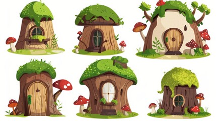 Cartoon illustration of cute fairytale houses with wooden doors, porches, round windows, mushrooms, and moss on the roof. Forest dwarf house with wooden door, porch and round window.