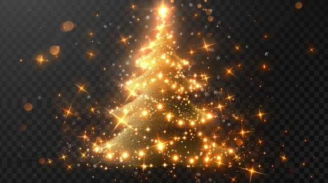 Xmas tree with glitter and stars made of light path and sparkles on transparent background. Abstract bright shiny fir on transparent background with glitter and blur effect.