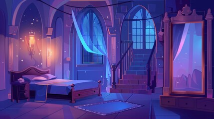 At night, a castle bedroom interior features antique beds, mirrors, dressing wardrobes, stairs and a glowing magic light.
