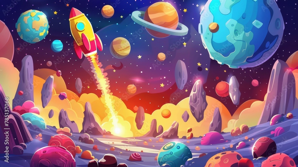 Poster a modern cartoon interface for a galaxy space game. a fantasy background with a rocket for a mobile 