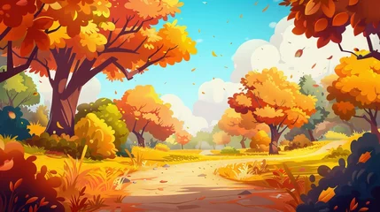 Poster Modern landscape background with path in autumn forest. Autumn valley environment scene with trees, shrubs, grass and road. Orange season with sunlight in lush woodland garden. © Mark
