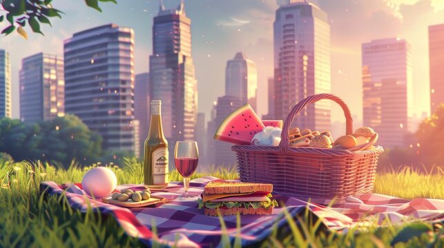 The picnic basket is on a blanket in a city park at sunset. A summer romantic cityscape with an urban skyline view. Sandwiches, eggs, wine bottles, watermelon and olives are available for nature