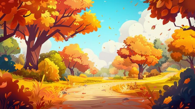 Modern landscape background with path in autumn forest. Autumn valley environment scene with trees, shrubs, grass and road. Orange season with sunlight in lush woodland garden.