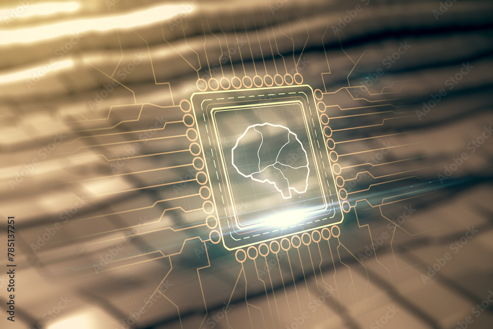 Poster double exposure of creative human brain microcircuit hologram on shiny metal background. future tech