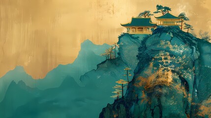 Golden green mountain pavilions illustration poster background
