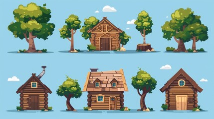 Fototapeta premium The wood cabin clipart is a modern set containing a summer forest house icon, a tree lodge and a window. Contains a timber cottage building on piles with a door, lodge and window.