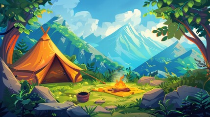 Outdoor campfire for picnic in the summer forest. Picnic in a backpack with a cauldron, mat, and backpack on weekend. - obrazy, fototapety, plakaty